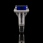 Emerald Cut Blue Gemstone Halo Ring with Pave Accents - Image 3