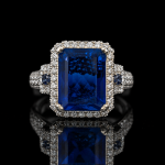 Emerald Cut Blue Gemstone Halo Ring with Pave Accents