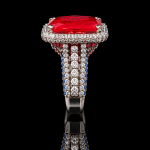 Emerald Cut Red Gemstone Halo Ring with Blue and Clear Stone Accents - Image 2