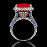 Emerald Cut Red Gemstone Halo Ring with Blue and Clear Stone Accents - Image 3