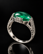 Green Cabochon Greek Key Statement Ring with Geometric Silver Tone Detailing