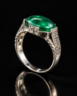 Green Cabochon Greek Key Statement Ring with Geometric Silver Tone Detailing - Image 3