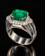 Emerald Cut Green Gemstone Halo Statement Ring with Clear Stone Accents