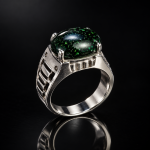 Dark Green Aventurine Cabochon Statement Ring with Geometric Silver Tone Detailing